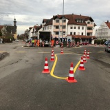 yellow cold plastic in the city as an trial for a new traffic routing.