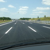 New road markings after new asphalt on the A9 motorway near Munich.